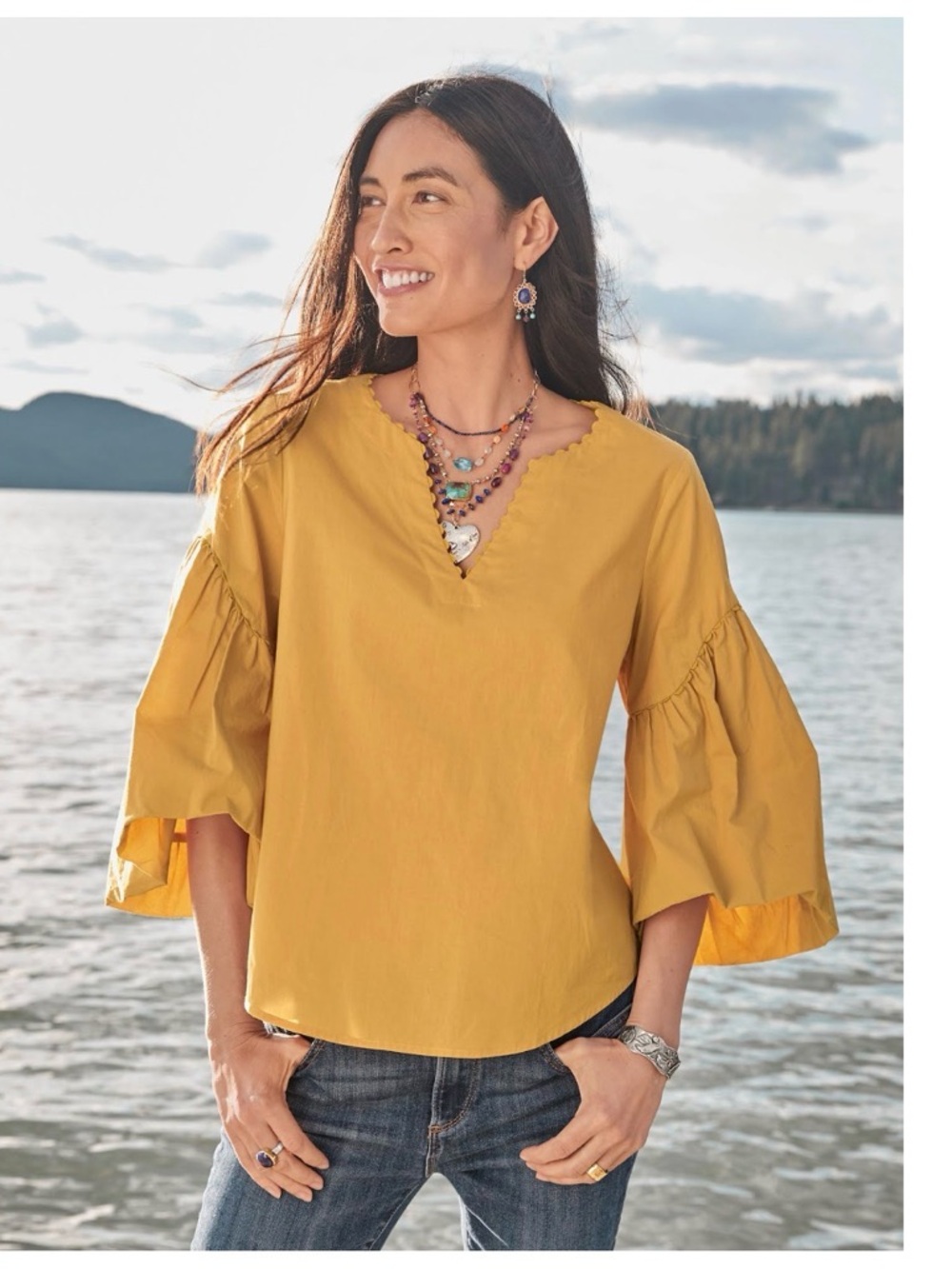 Sundance Harbor Romance Blouse Bishop Sleeves V Neck Size PM in Marigold